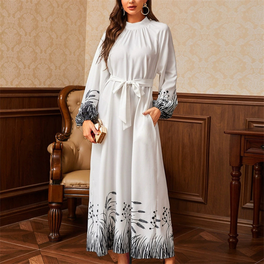 Spring Autumn Printed Belted Round Neck Long Dress